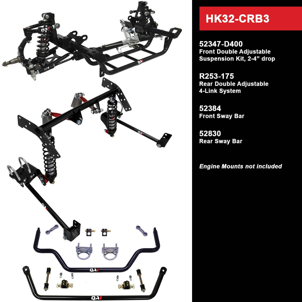 QA1 HK32-CRB3 Level 2 Full Vehicle Handling Kit 68-70 Mopar B-Body Double Adjustable 2-4in. Drop